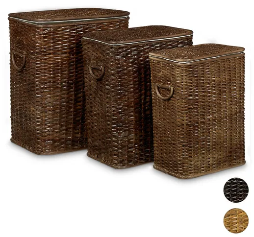 Relaxdays - Cesti Portabiancheria Rettangolari Set da 3, in Rattan Intrecciato, Impilabili...