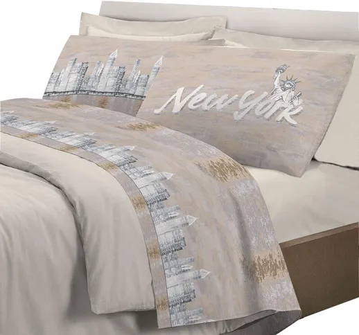 Completo letto lenzuola, stampa digitale New york 100% cotone, made in italy Beige - Singo...