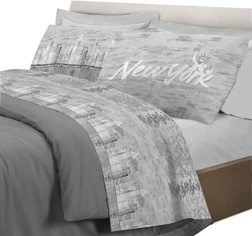 Completo letto lenzuola, stampa digitale New york 100% cotone, made in italy Grigio - Sing...