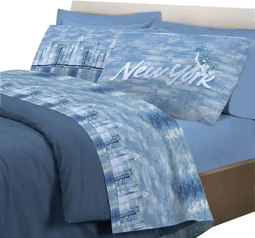 Completo letto lenzuola, stampa digitale New york 100% cotone, made in italy Blu - Singolo