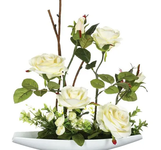 Composizione di rose in ceramica h36.5 - composizione di rose, tessuto, schiuma, plastica...