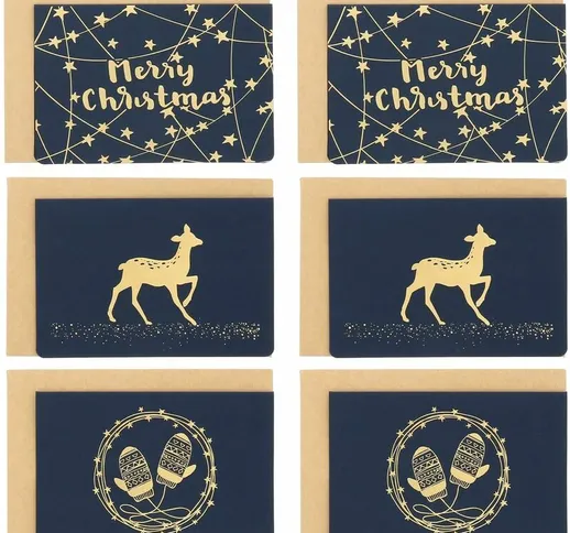 Confezione da 6 biglietti di auguri di Natale lucidi blu navy e oro con busta Kraft - Conf...