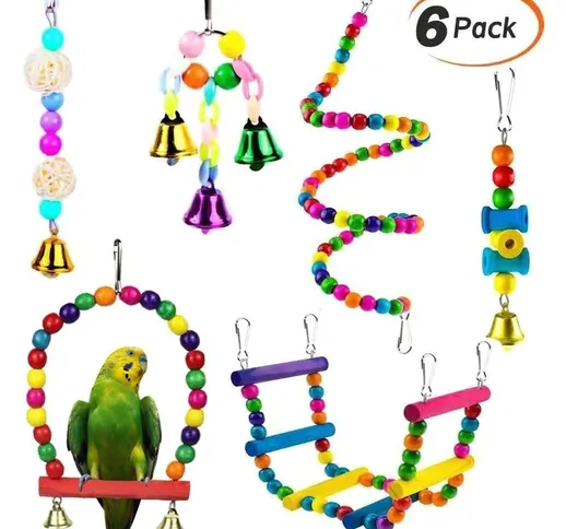 Confezione da 6 giocattoli per uccelli per pappagalli, giocattoli da appendere con campana...