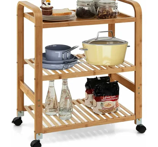 Carrello da Cucina di Bambù, Scaffale da Cucina con 3 Livelli e Ruote Staccabili, Ideale p...