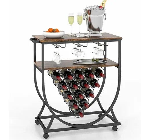 Carrello Portabottiglie con Manici e 4 Ruote, Mobile Bar Stile Industriale per 15 Bottigli...