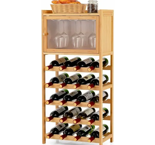 Portabottiglie in Bambù, Scaffale per 20 Bottiglie di Vino, con Supporto in Vetro e Ante M...