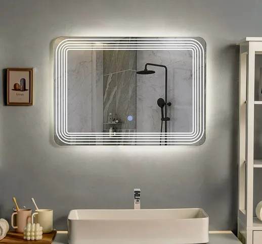 Specchio led da Bagno Rettangolare 70 x 50 cm, Specchio da Parete con Interruttore a Sfior...