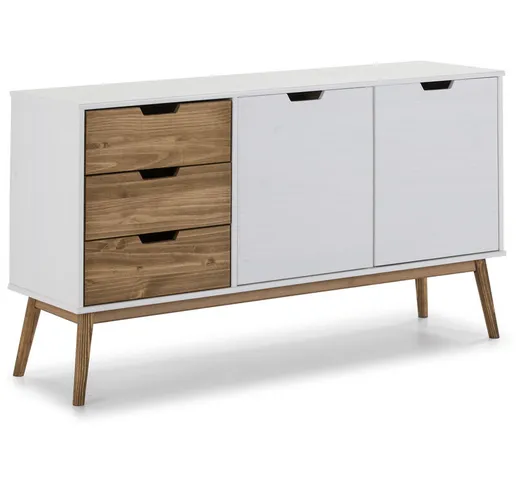 Credenza Java 3 cassetti y 2 Porte Bianco, Realizzato in Pino Massiccio, 140 cm (Larghezza...