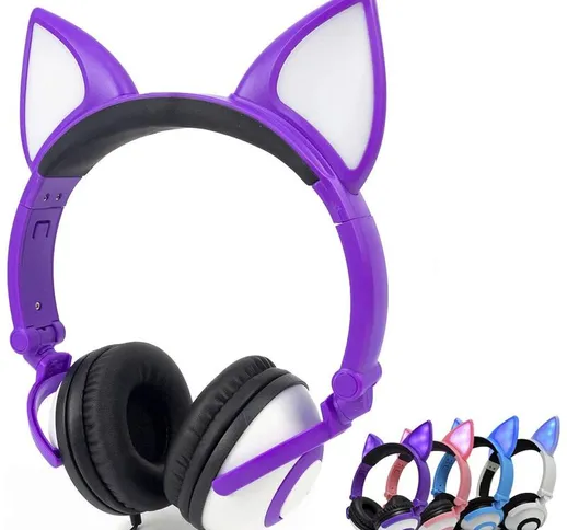 Cuffie stereo over-ear cablate con isolamento acustico con orecchie a LED per bambini, rag...