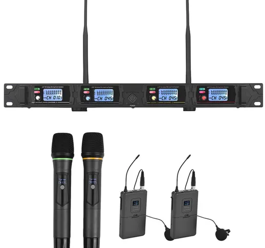 D4-3 Sistema microfonico wireless UHF professionale a 4 canali include 2 microfoni con ris...