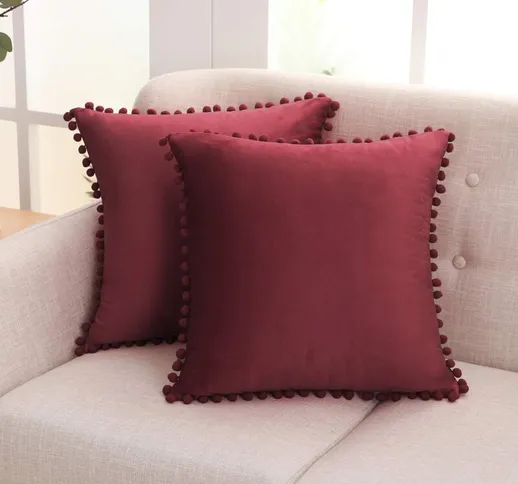 Federe Cuscini Divano in velluto con palline Confezione da 2 Pezzi 50x50 cm - Vino Rosso -...