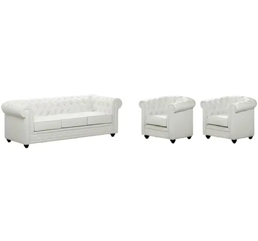 Divano 3 posti e 2 poltrone chesterfield in similpelle Bianco - Bianco