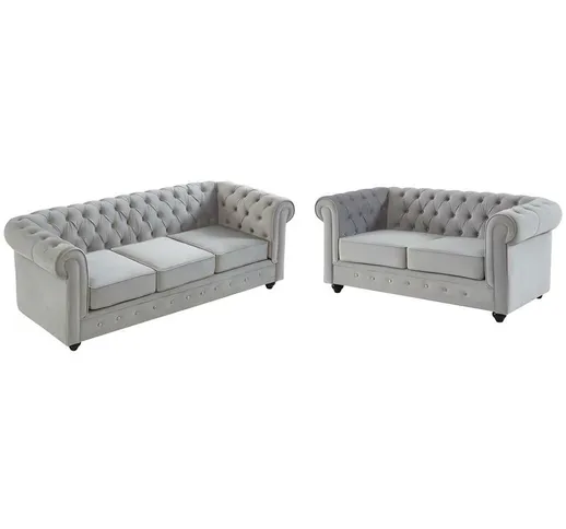 Divano 3+2 posti Velluto Grigio - CHESTERFIELD - Grigio chiaro