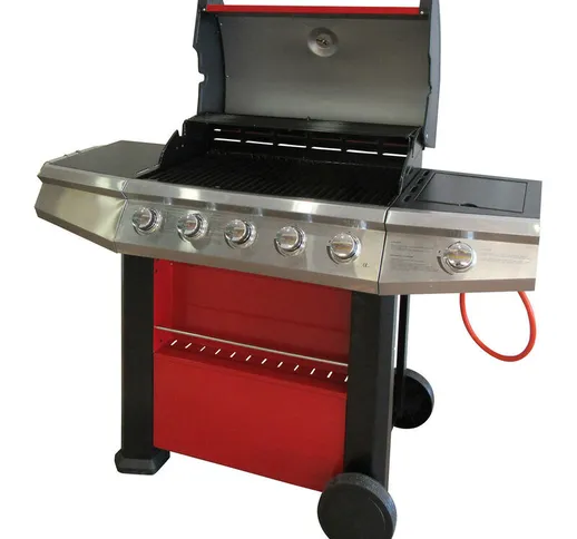 Dmora - Barbecue gas 4 bruciatori + 1 laterale, colore rosso, cm 156 x 58 x h121