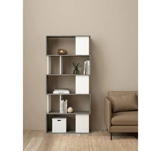 Dmora - Libreria con 5 ripiani asimmetrici, colore bianco e grigio, Misure 80 x 175 x 29,5...