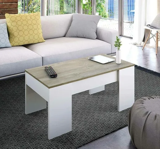 Tavolino da caffè con piano elevabile e spazio contenitore, colore Bianco con piano di col...