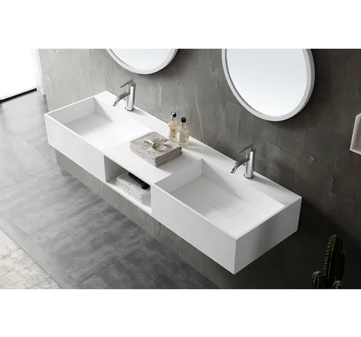 Doppio lavabo sospeso TWG235 in pietra solida - 150 x 45 x 20 cm bianco opaco