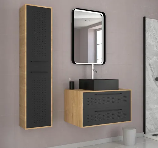 Aurlane - Confezione Mobile da bagno 2 Cassetti + lavabo quadrado + colonna + specchio a l...