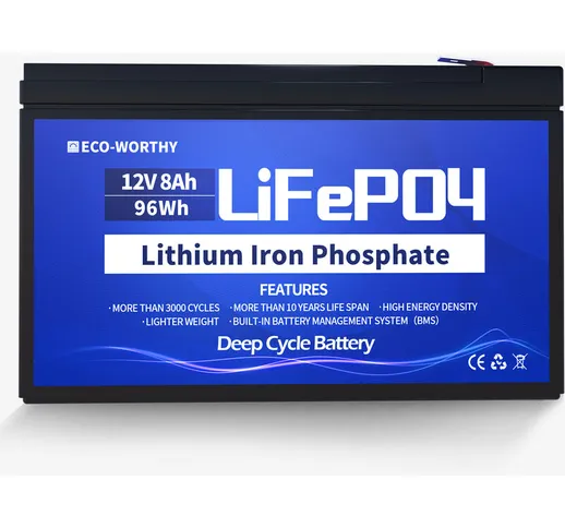 Batteria al litio 12V 8Ah LiFePO4 ricaricabile con ciclo profondo 3000+ volte e protezione...