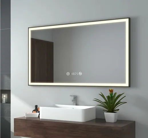 Specchio bagno con luce, 120 x 70 cm, luce neutra, specchio bagno led con bordo nero, spec...