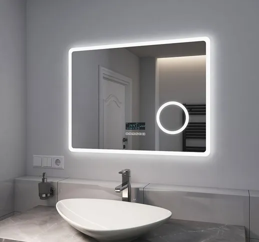 Specchio Bagno con Luce 80 x 60 cm, con Interruttore Tattile e Bluetooth e Antiappannament...