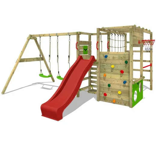 FATMOOSE Parco giochi in legno ActionArena Giochi da giardino con altalena e scivolo rosso...