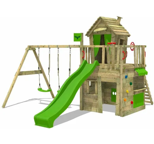 FATMOOSE Parco giochi in legno CrazyCat Giochi da giardino con altalena e scivolo mela ver...