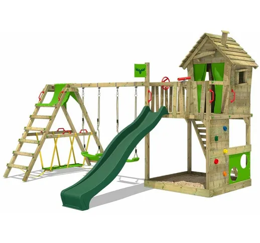 Parco giochi in legno HappyHome Giochi da giardino con altalena SurfSwing e scivolo Casett...