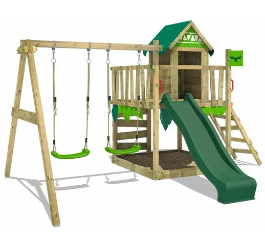 FATMOOSE Parco giochi in legno JazzyJungle Giochi da giardino con altalena e scivolo verde...