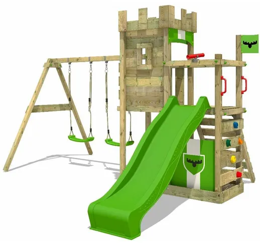 FATMOOSE Parco giochi in legno BoldBaron Giochi da giardino con altalena e scivolo mela ve...