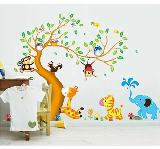 Felice albero animale dei cartoni animati con adesivi murali gufo scimmia zebra giraffa, d...