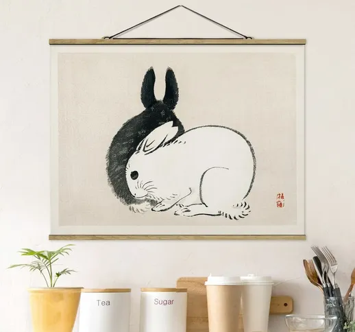 Foto su tessuto da parete con bastone - Asian Vintage Disegno di due conigli - Orizzontale...