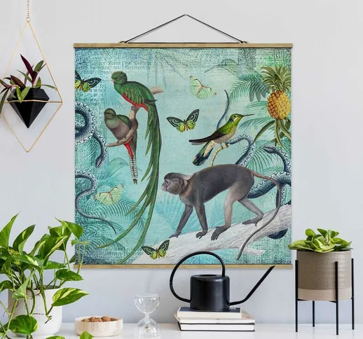 Foto su tessuto da parete con bastone - Coloniale Collage - Scimmie e uccelli del paradiso...