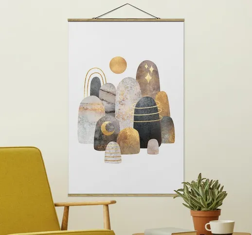 Foto su tessuto da parete con bastone - Elisabeth Fredriksson - Montagna dorata con luna -...