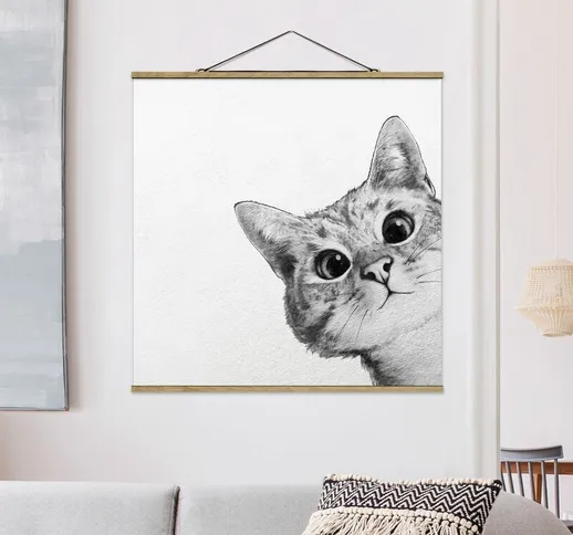 Foto su tessuto da parete con bastone - Laura Graves - Illustrazione Cat Disegno Nero Bian...