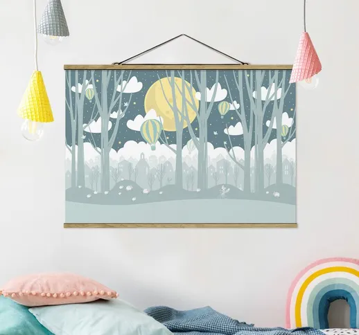Foto su tessuto da parete con bastone - Luna con alberi e case - Orizzontale 2:3 Dimension...
