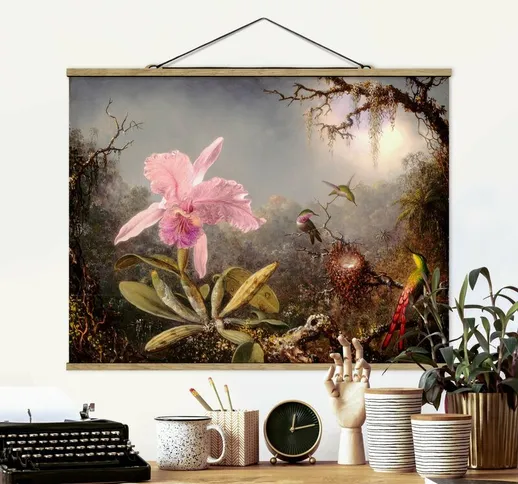 Foto su tessuto da parete con bastone - Martin Johnson Heade - orchidea e Tre colibrì - Or...