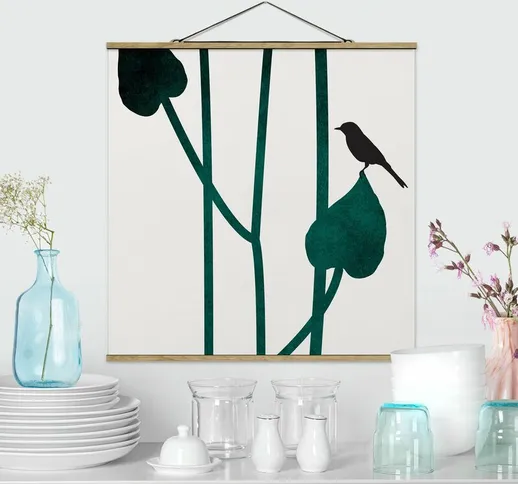 Foto su tessuto da parete con bastone - Mondo vegetale grafico - Uccellino su una foglia -...