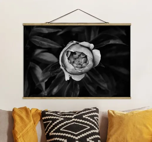 Foto su tessuto da parete con bastone - Peony Fiore con foglie in bianco e nero - Orizzont...