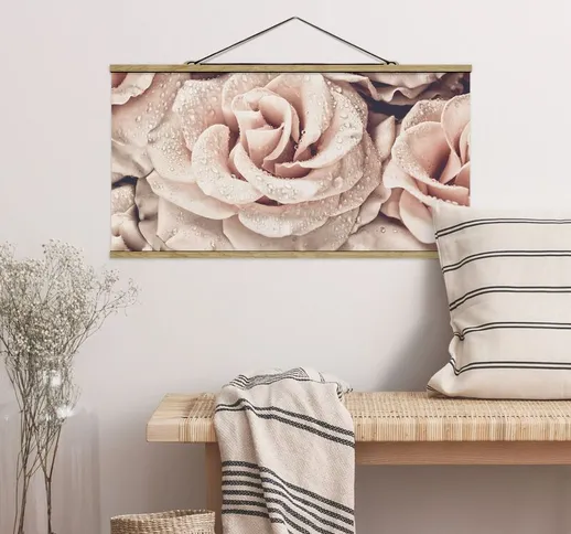 Foto su tessuto da parete con bastone - Roses seppia con gocce d'acqua - Orizzontale 1:2 D...