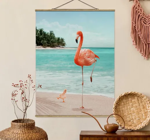 Foto su tessuto da parete con bastone - Spiaggia Con Flamingo - Verticale 4:3 Dimensione H...