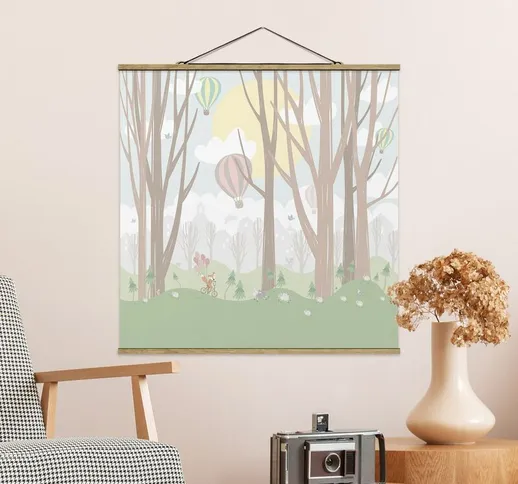 Foto su tessuto da parete con bastone - Sun con alberi e Mongolfiere - Quadrato 1:1 Dimens...