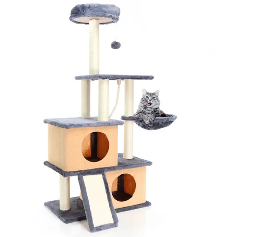 Albero tiragraffi per gatti grigio scuro 127cm con casette e lettino - grau - Fudajo