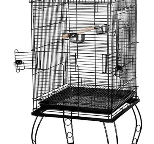 Gabbia Voliera per Uccelli Pappagalli in Metallo e Legno con Carrello 59 x 59 x 150 cm