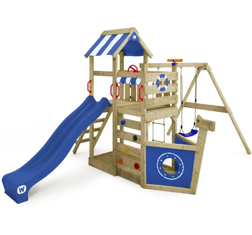 WICKEY Parco giochi in legno SeaFlyer Giochi da giardino con altalena e scivolo blu Casett...