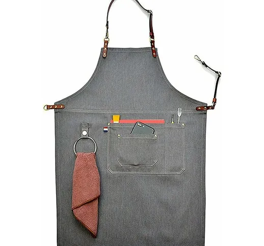 Grembiule unisex in denim grigio con cinturino in pelle, cuoco barbecue da cucina, con tas...