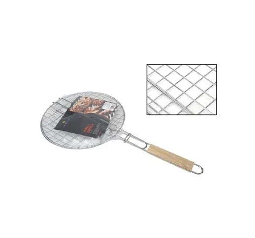 Trade Shop - Griglia Rotonda Barbecue Doppia Grill Manico Legno Grigliata Arrosto Pesce 31...