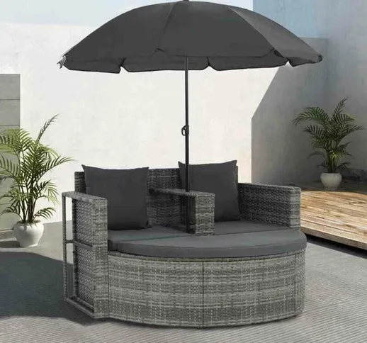 Divano da Giardino 2 Posti Cuscini Ombrellone Grigio Polyrattan VD26235 - Hommoo