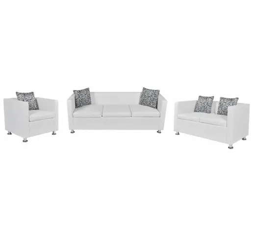 Set Divani 3 e 2 Posti e Poltrona in Similpelle Bianco VD15214 - Hommoo