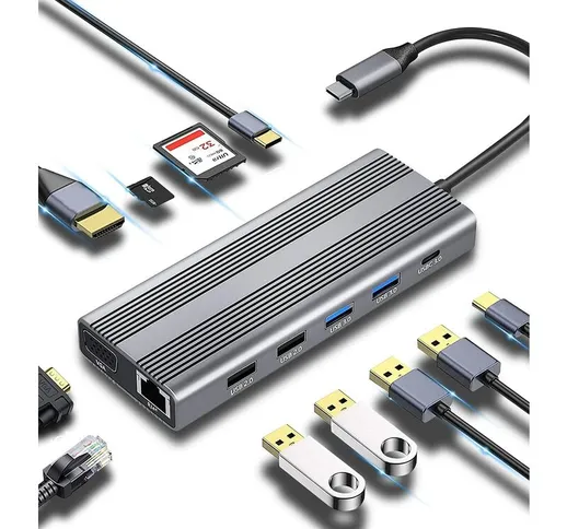 Hub USB C, adattatore USB C compatto 12 in 1 con HDMI 4K, VGA 1080P, 2 USB 3.0, lettore di...
